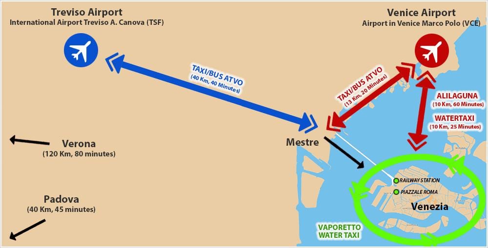 mapa de Veneza aeroporto e a estação de comboios