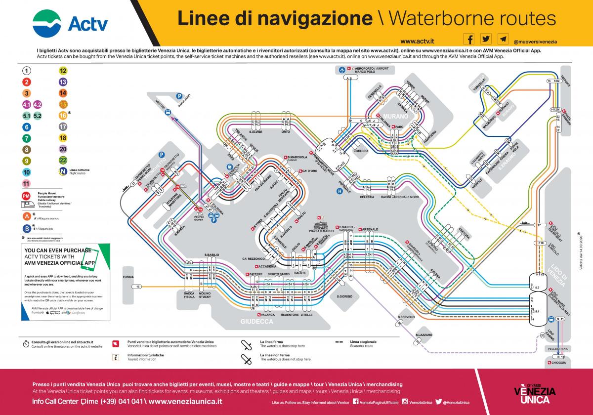 mapa de vaporetto rotas em Veneza